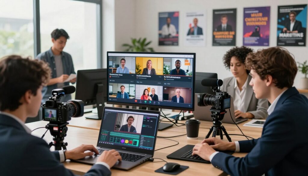 A modern, well-lit workspace featuring diverse individuals in professional business attire collaborating on video content creation. In the foreground, a person editing video footage on a sleek laptop, surrounded by high-tech equipment such as cameras and microphones. The middle layer showcases a large screen displaying vibrant video thumbnails from various platforms, symbolizing monetization opportunities. In the background, a wall filled with inspirational posters about digital marketing and video content trends. Soft, natural light streams through a large window, creating an engaging and motivating atmosphere. The overall mood is dynamic and innovative, reflecting the exciting future of online business opportunities in 2026. A modern, well-lit workspace featuring diverse individuals in professional business attire collaborating on video content creation. In the foreground, a person editing video footage on a sleek laptop, surrounded by high-tech equipment such as cameras and microphones. The middle layer showcases a large screen displaying vibrant video thumbnails from various platforms, symbolizing monetization opportunities. In the background, a wall filled with inspirational posters about digital marketing and video content trends. Soft, natural light streams through a large window, creating an engaging and motivating atmosphere. The overall mood is dynamic and innovative, reflecting the exciting future of online business opportunities in 2026.