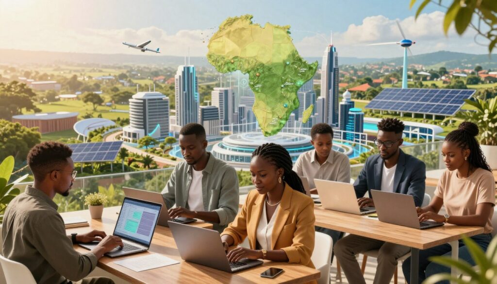 A vibrant and dynamic scene representing digital opportunities in Africa in 2026. In the foreground, diverse professionals in smart casual attire are collaborating over laptops and digital devices, showcasing a mix of African cultures. In the middle ground, a futuristic cityscape with modern architecture is visible, symbolizing growth and innovation. The background features lush landscapes with technology-infused agribusiness and renewable energy installations, emphasizing sustainable development. Soft, golden light filters through, creating an optimistic atmosphere. The angle is slightly elevated, providing a panoramic view that captures the energy and potential of this expanding digital market. The overall mood is one of hope, advancement, and collaboration. A vibrant and dynamic scene representing digital opportunities in Africa in 2026. In the foreground, diverse professionals in smart casual attire are collaborating over laptops and digital devices, showcasing a mix of African cultures. In the middle ground, a futuristic cityscape with modern architecture is visible, symbolizing growth and innovation. The background features lush landscapes with technology-infused agribusiness and renewable energy installations, emphasizing sustainable development. Soft, golden light filters through, creating an optimistic atmosphere. The angle is slightly elevated, providing a panoramic view that captures the energy and potential of this expanding digital market. The overall mood is one of hope, advancement, and collaboration.